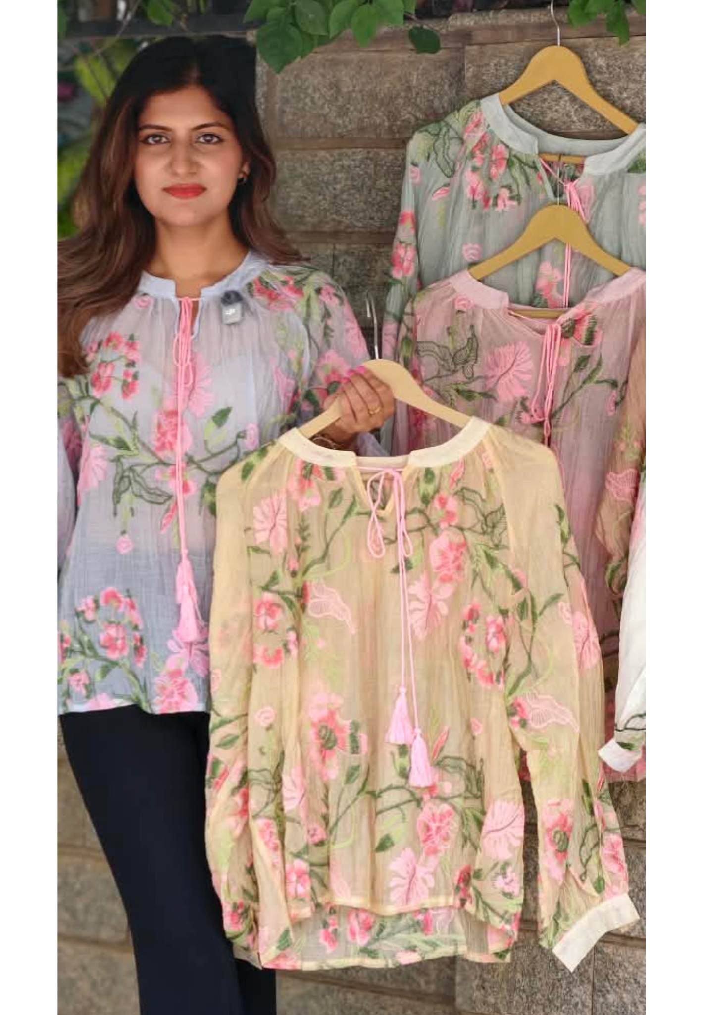 Front & Backside Cute Floral Intricate Embroidery Tassel Accent Imported Western Top- 16171