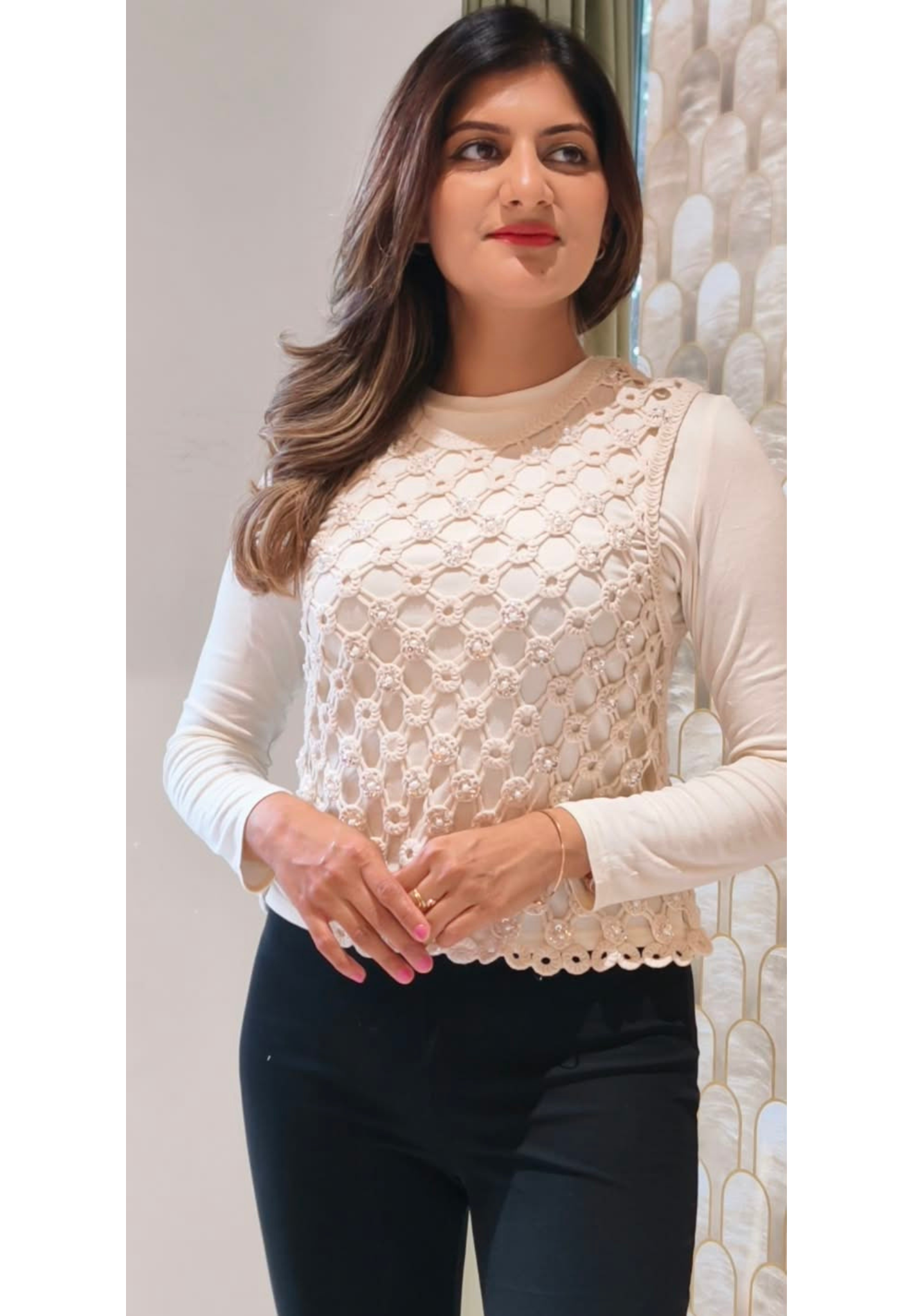 White Cream Crochet Vest Top Layered Over a Long-Sleeve Cream Base Top- 16177