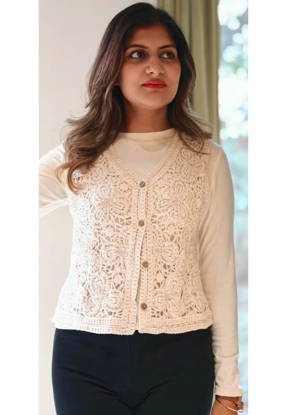 Floral Crochet Layered Style Outer With Full Base Imported Top- 16175