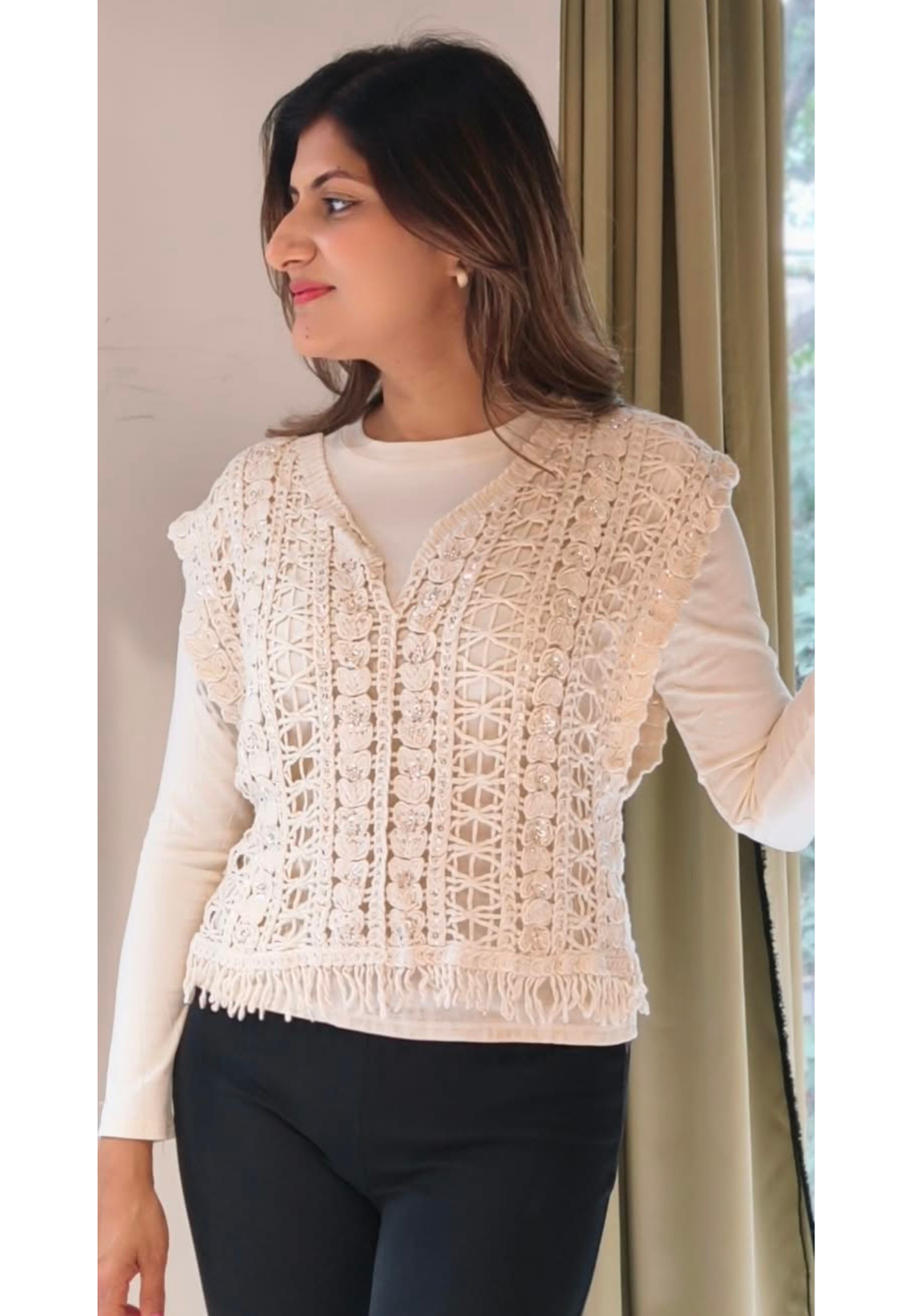 Off-White Crochet Knit V-Neck Sleeveless Vest Top with Sequin Detail and Fringe Hem- 16177