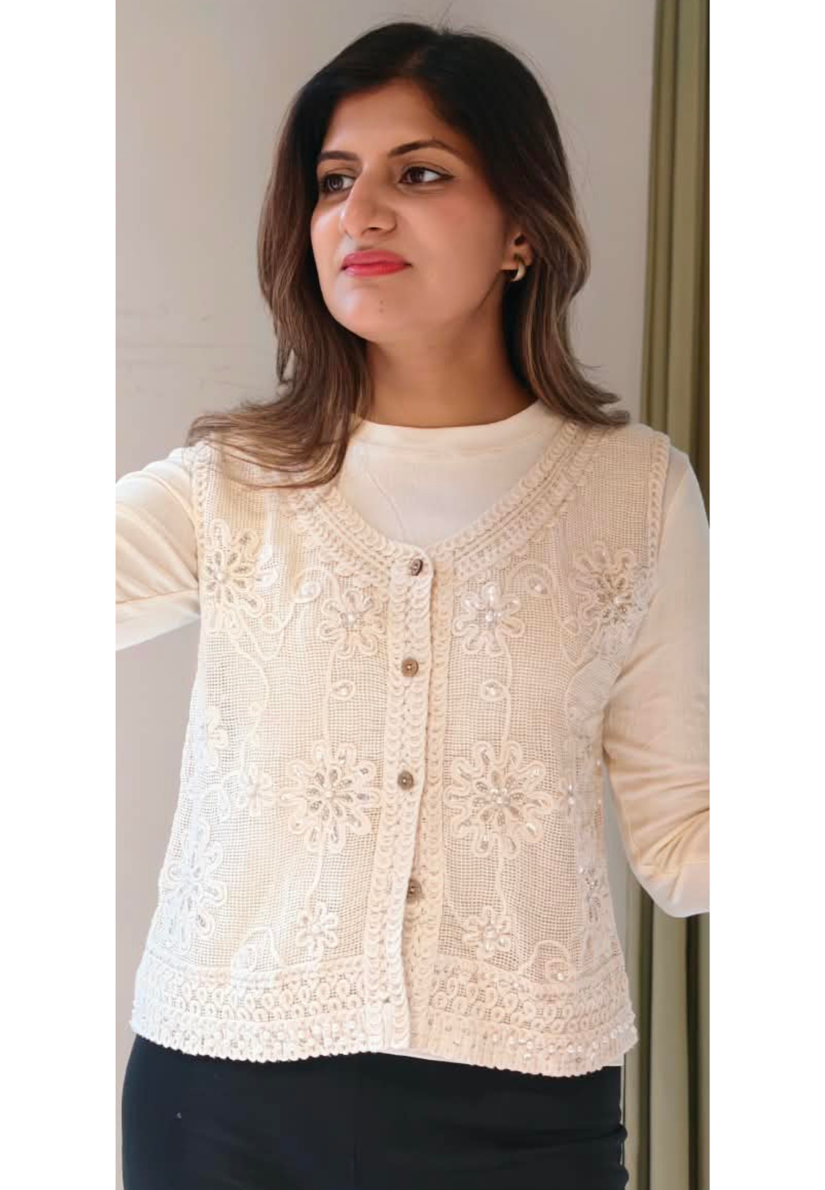 Off-White Floral Embroidered Button-Down Crochet Vest Top with Sequins and Pearl Accents- 16175
