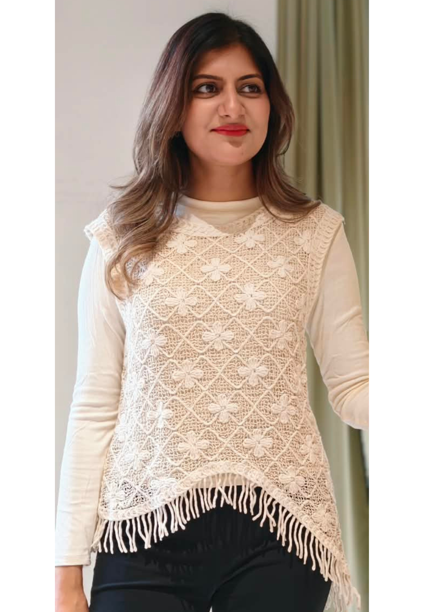 Off-White Lattice Floral Crochet Sleeveless Sweater Vest Top with Asymmetric Fringe Hem Top- 16175