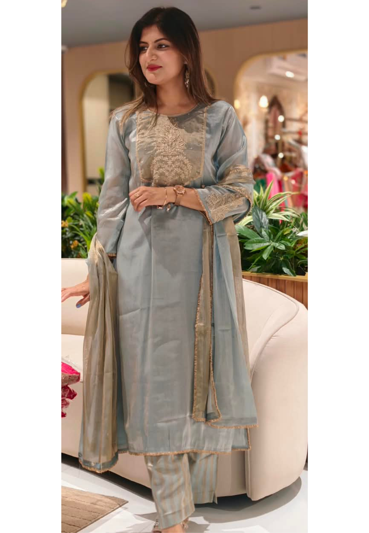 High End Tissue English Color Pallete Golden Highligted Embroidery Works A-Line Full Suit Set With Dupatta- 16070