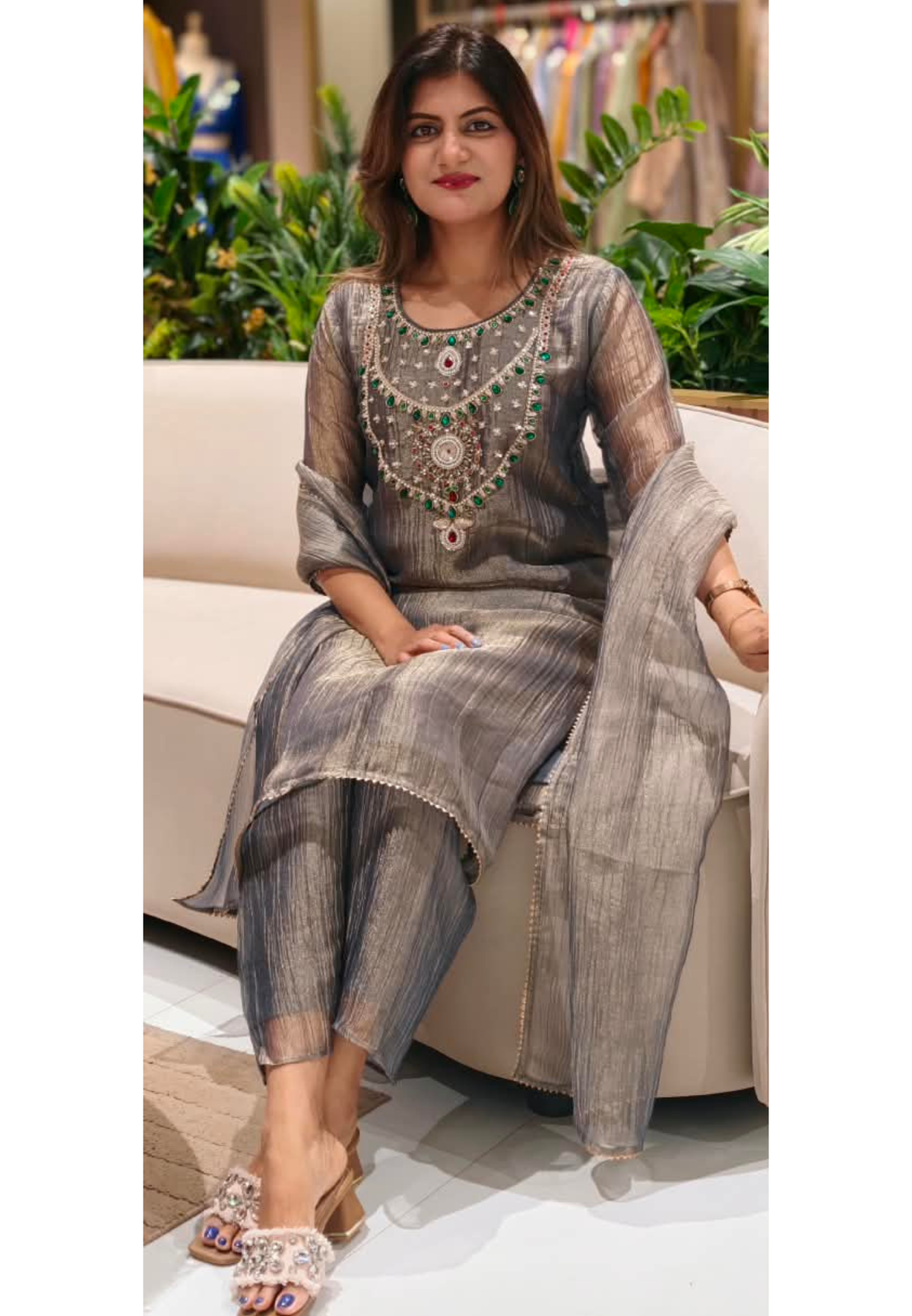 Very Elegant Premium Salsa Fabric Jewel Stone Fine Embroidery Statement Full Suit Set With Dupatta- 15286