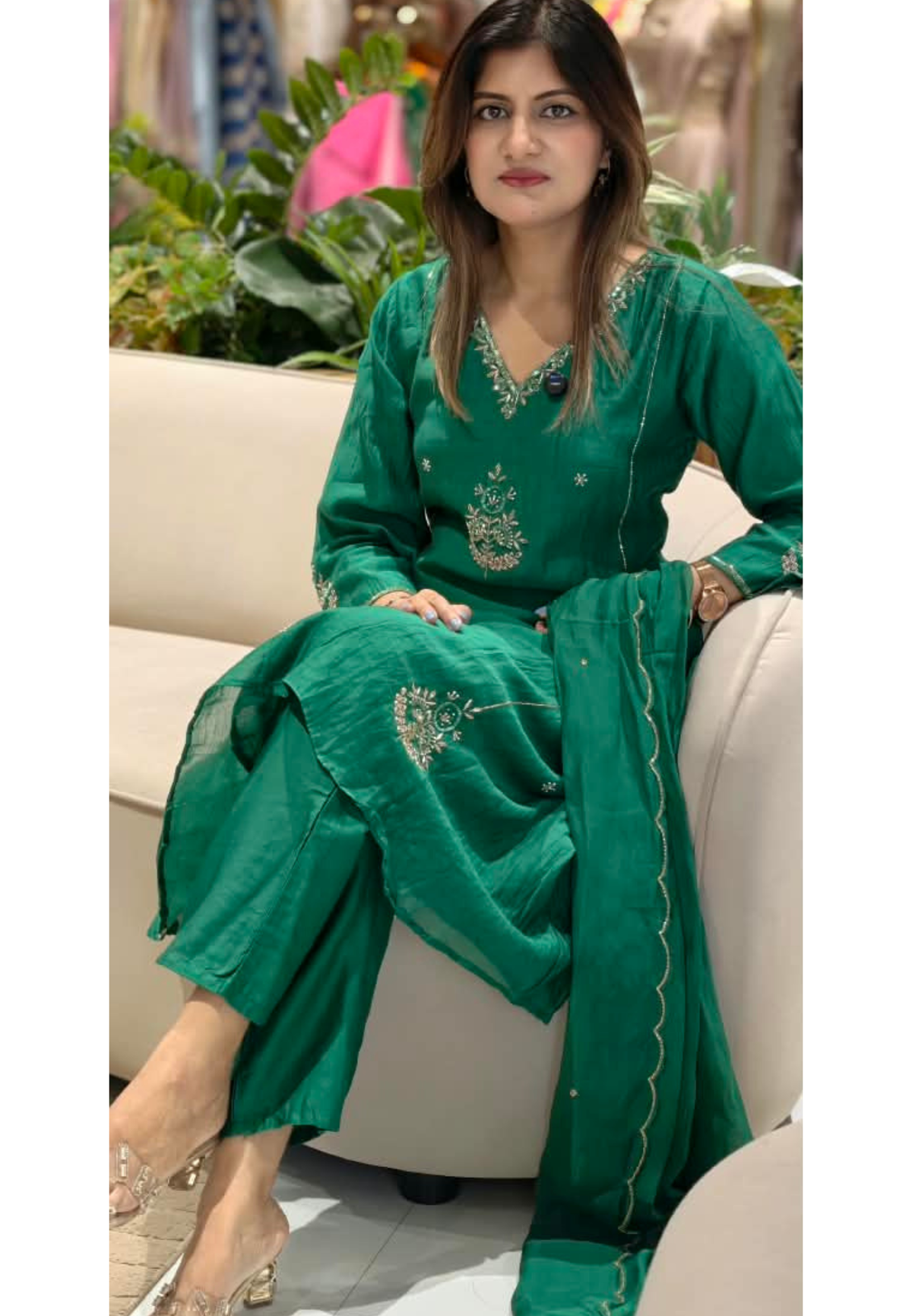 Elegant Embroidery Banarasi Mul-Chanderi Solid Shade A-Line Full Suit Set With Dupatta- 16222