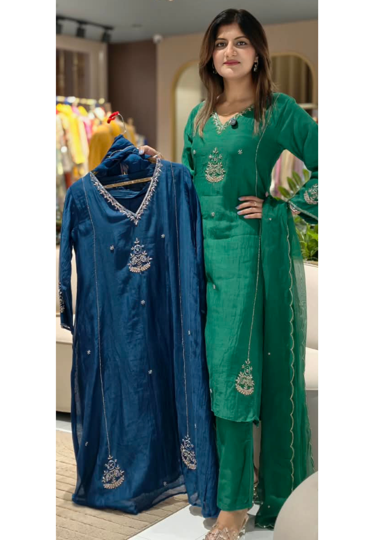 Elegant Embroidery Banarasi Mul-Chanderi Solid Shade A-Line Full Suit Set With Dupatta- 16222
