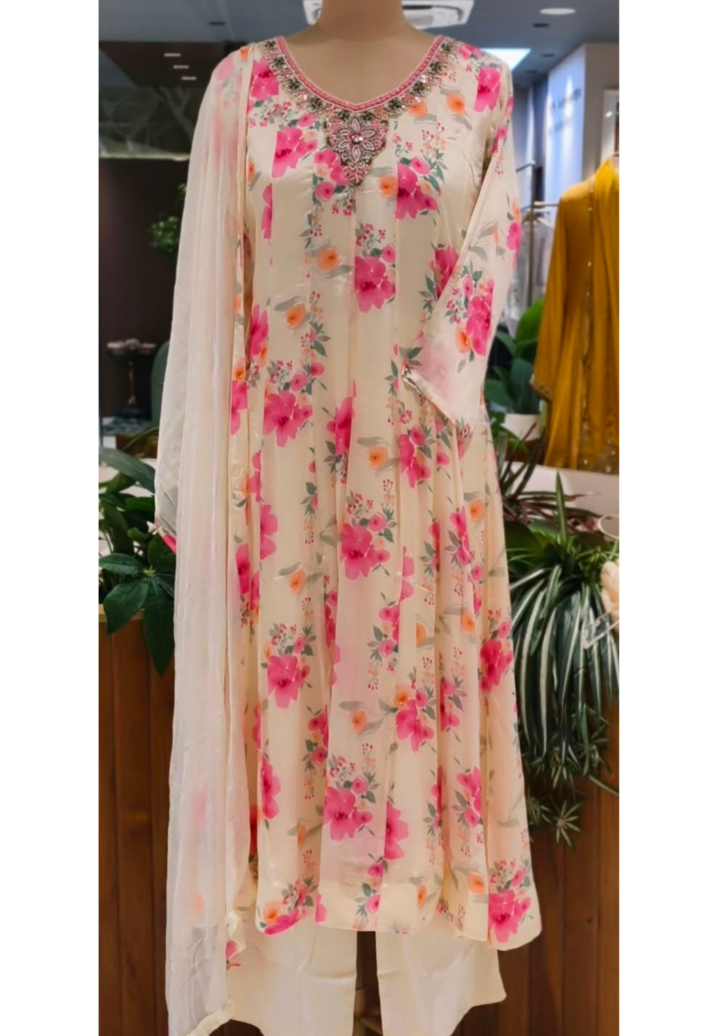 Spring Floral Minimal Embroidered Neckline Chinon Panel Anarkali Full Suit Set With Dupatta- 16224