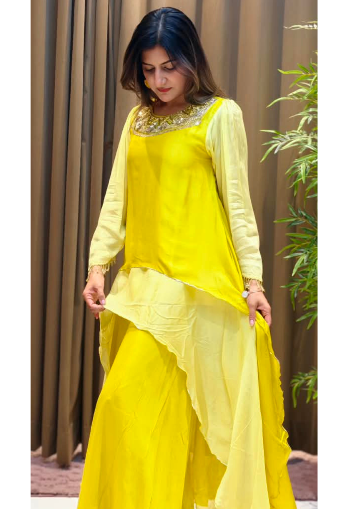 High-Low Layered Asymmetric Tunic Kurti with Heavily Embellished Foil Work Neckline and Wide-Leg Palazzo Pants Set- 16239