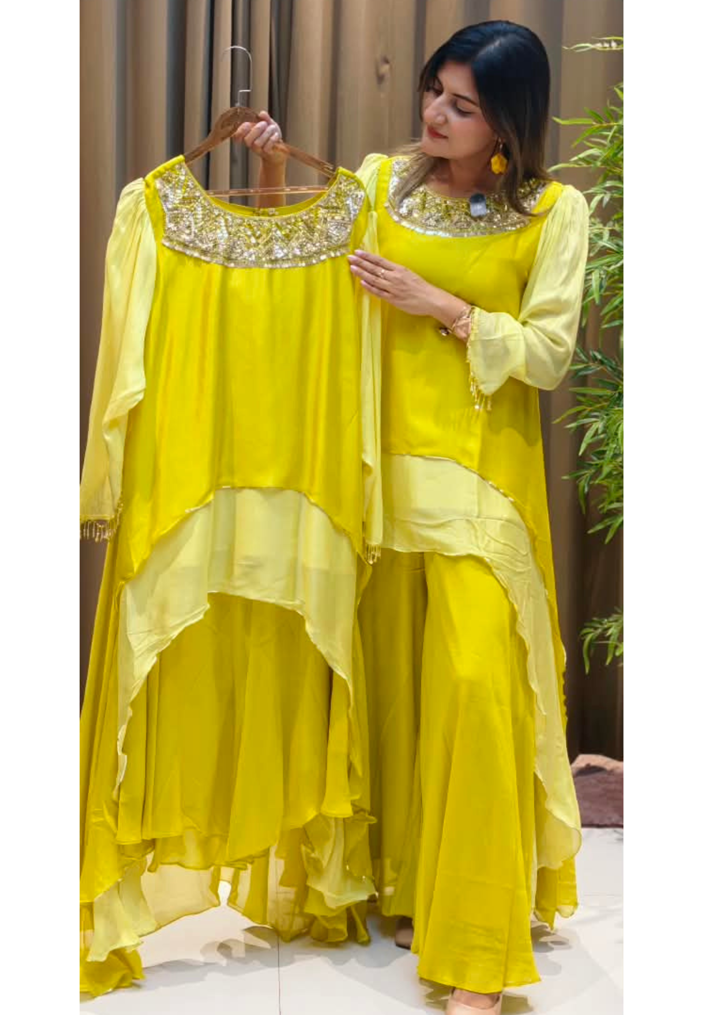 High-Low Layered Asymmetric Tunic Kurti with Heavily Embellished Foil Work Neckline and Wide-Leg Palazzo Pants Set- 16239