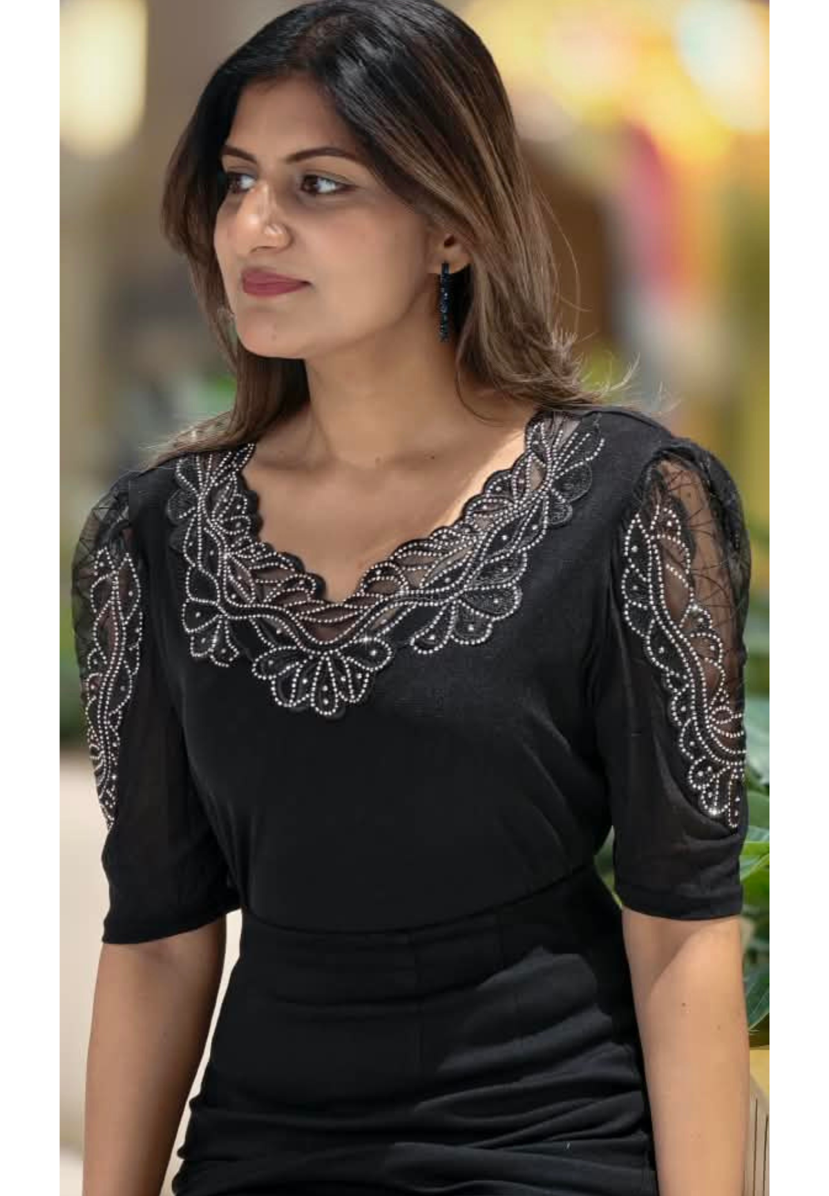 Scalloped Lace Yoke Rhinestone Embellished Sheer Sleeve Party Top- 16173