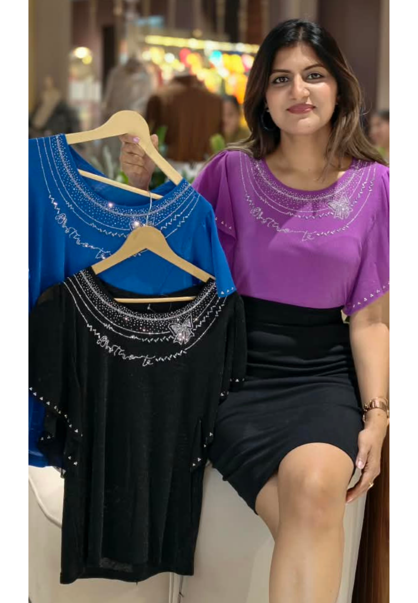 Scoop Neck Butterfly Rhinestone Motif Flutter Sleeve Top- 16166