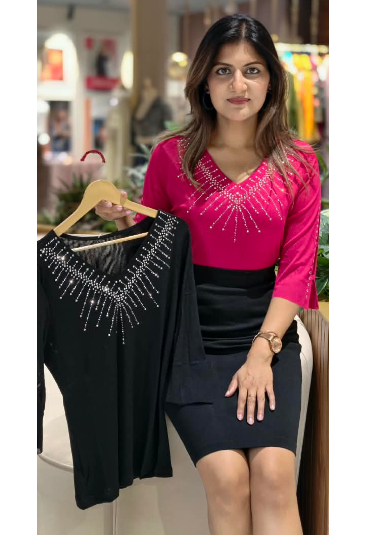 V-Neck Crystal Rhinestone Burst Embellished 3/4 Sleeve Mesh Accent Top- 16173