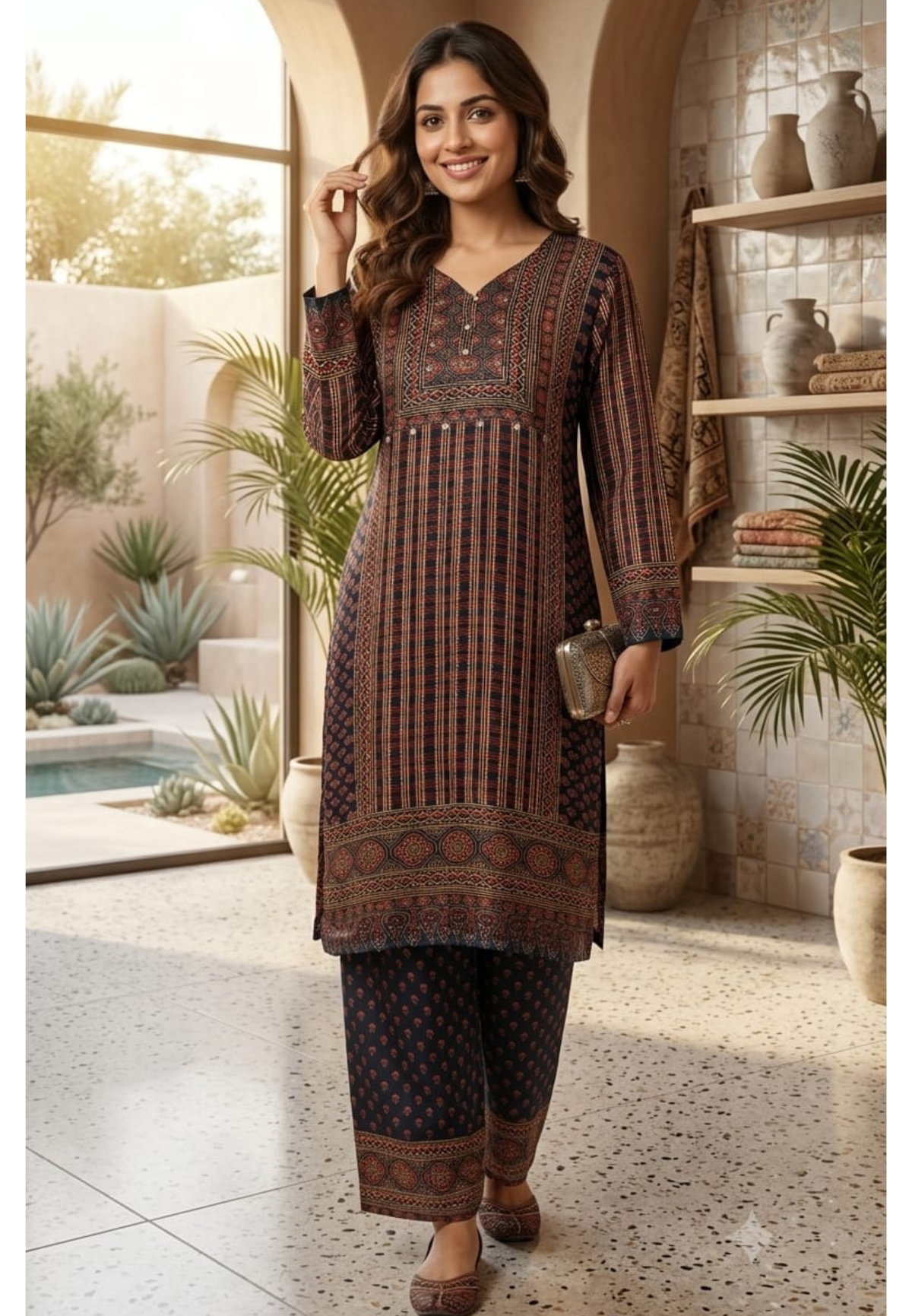 Kalamkari Linear Prints Crepe Matching Palazzo Pants Co-Ord Set- 15239