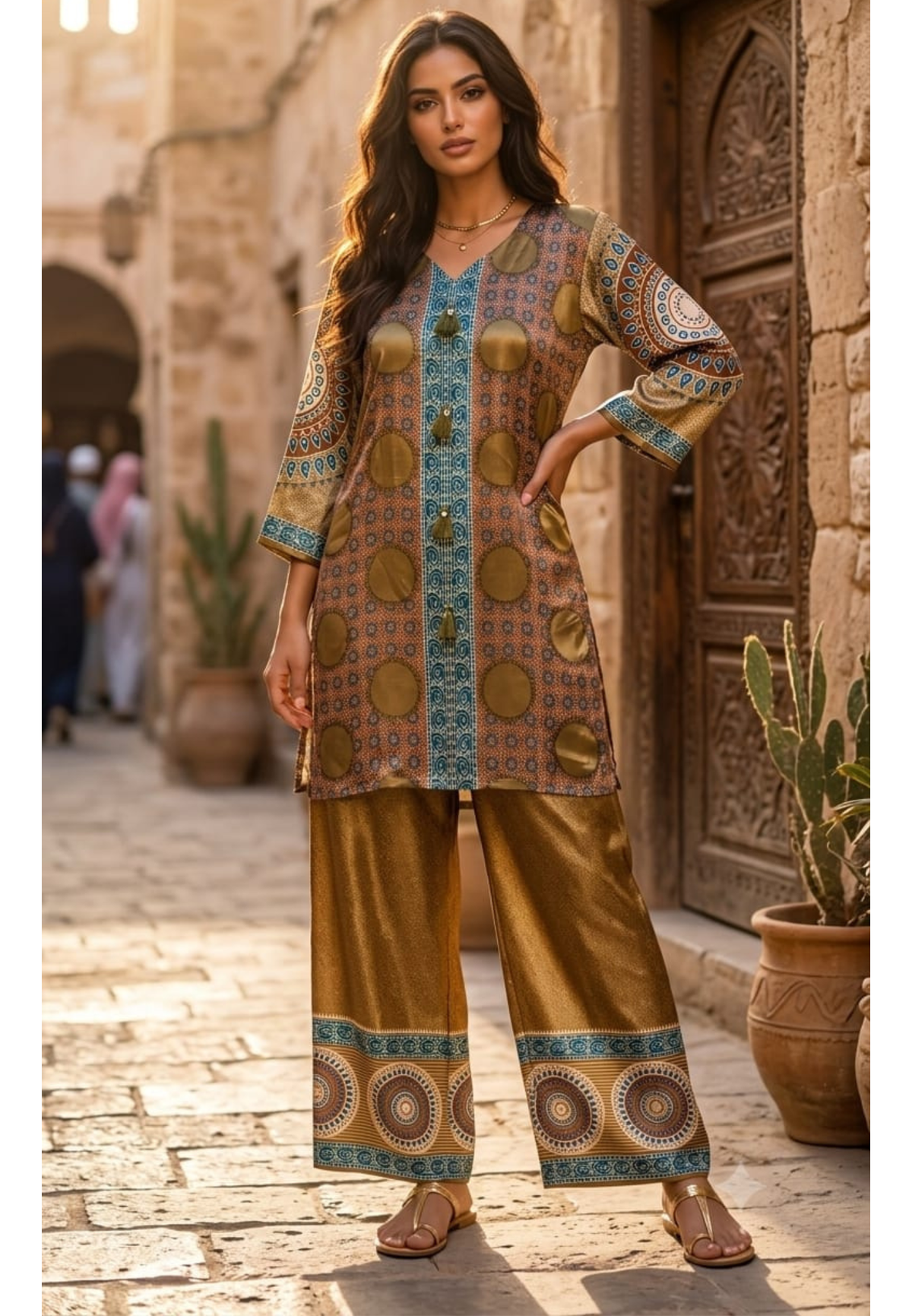 Rust Brown & Olive Polka Dot Printed Kurta Set with Tassel Accent & Coordinating Palazzo Co-Ord Set- 15239