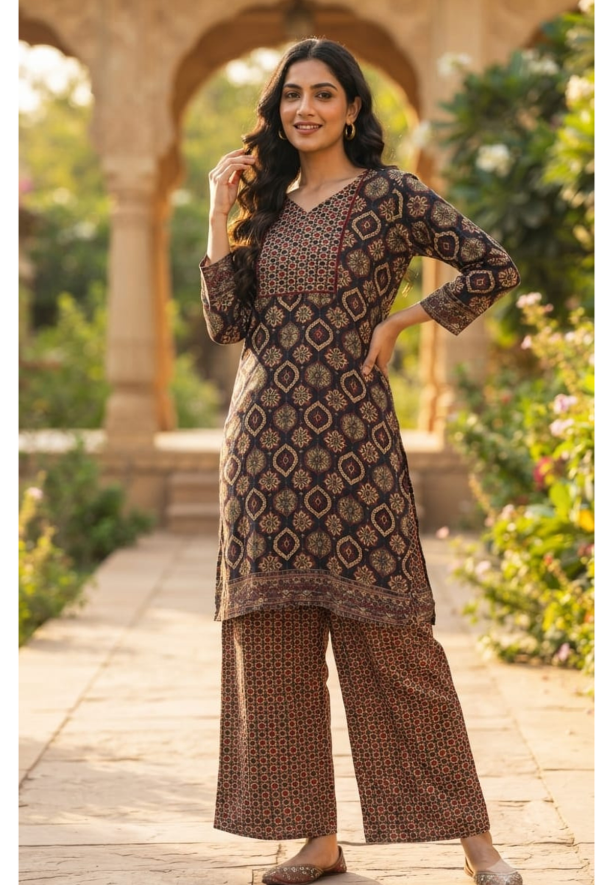 Black & Maroon Geometric Print Kurta with Matching Palazzo Pants Co-Ord Set- 15239