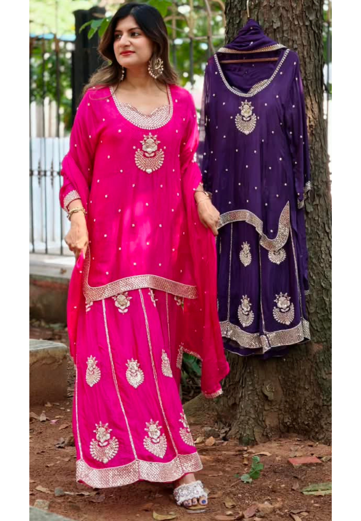 Rani Pink & Deep Purple Handcrafted Sequins Embroidered Kurti Palazzo Full Suit Set With Matching Dupatta- 16319
