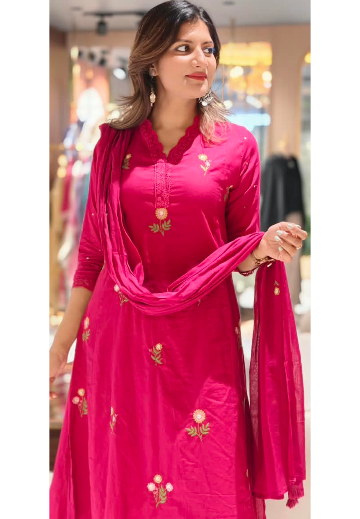 Lace Trimmed Neckline Tiny Floral Embroidery Sili Cotton Full Suit Set With Dupatta- 16317