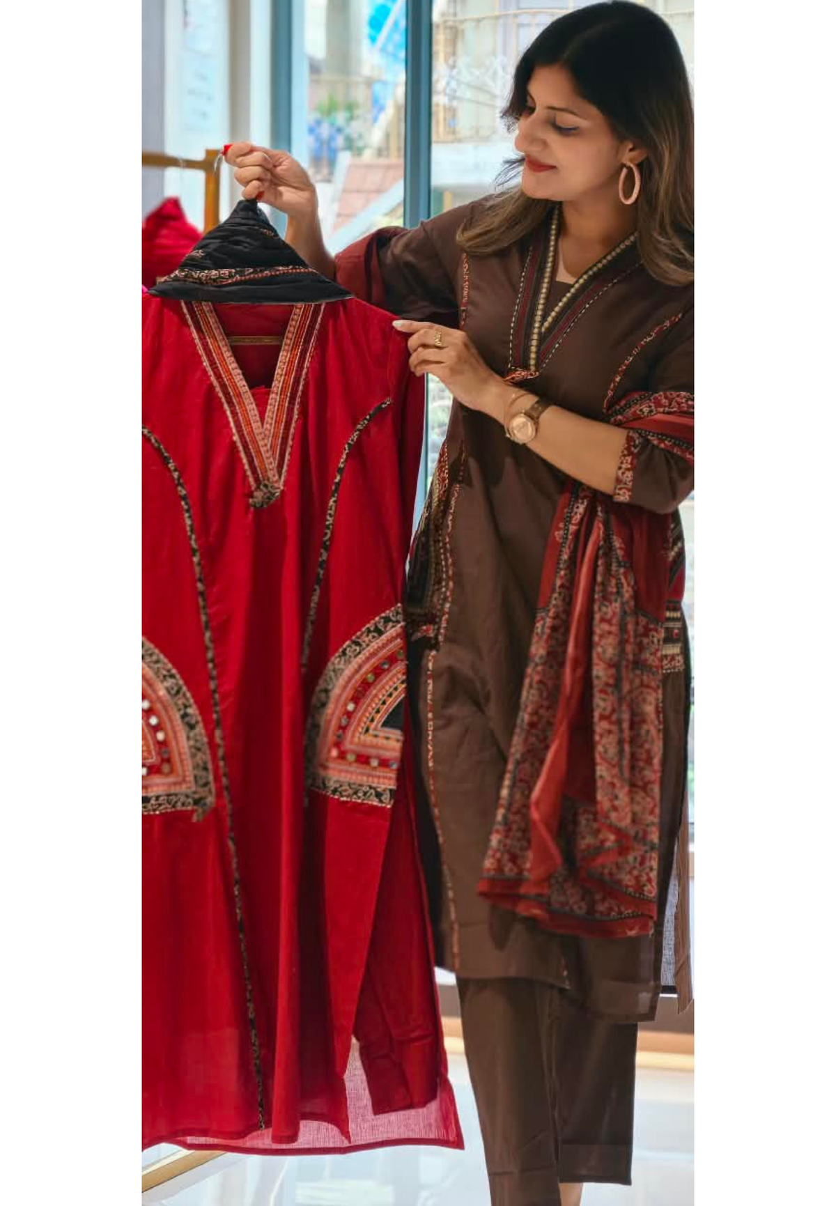 V-Neck Ethnic Ajrakh Applique Printed Straight Cotton Full Suit Set with Dupatta- 16316