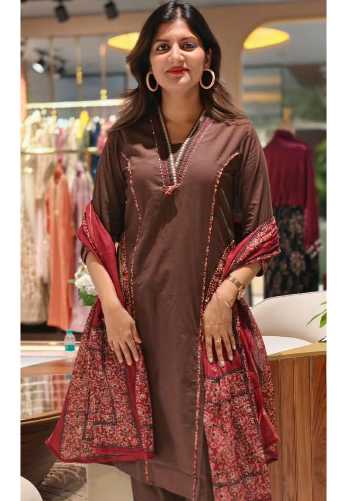 V-Neck Ethnic Ajrakh Applique Printed Straight Cotton Full Suit Set with Dupatta- 16316