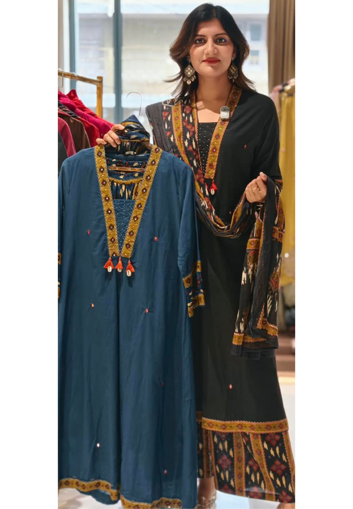 Classic Printed V-Neck Tassel Accent A-Line Cotoon Full Suit Set With Dupatta & Printed Bottom- 16250 6250