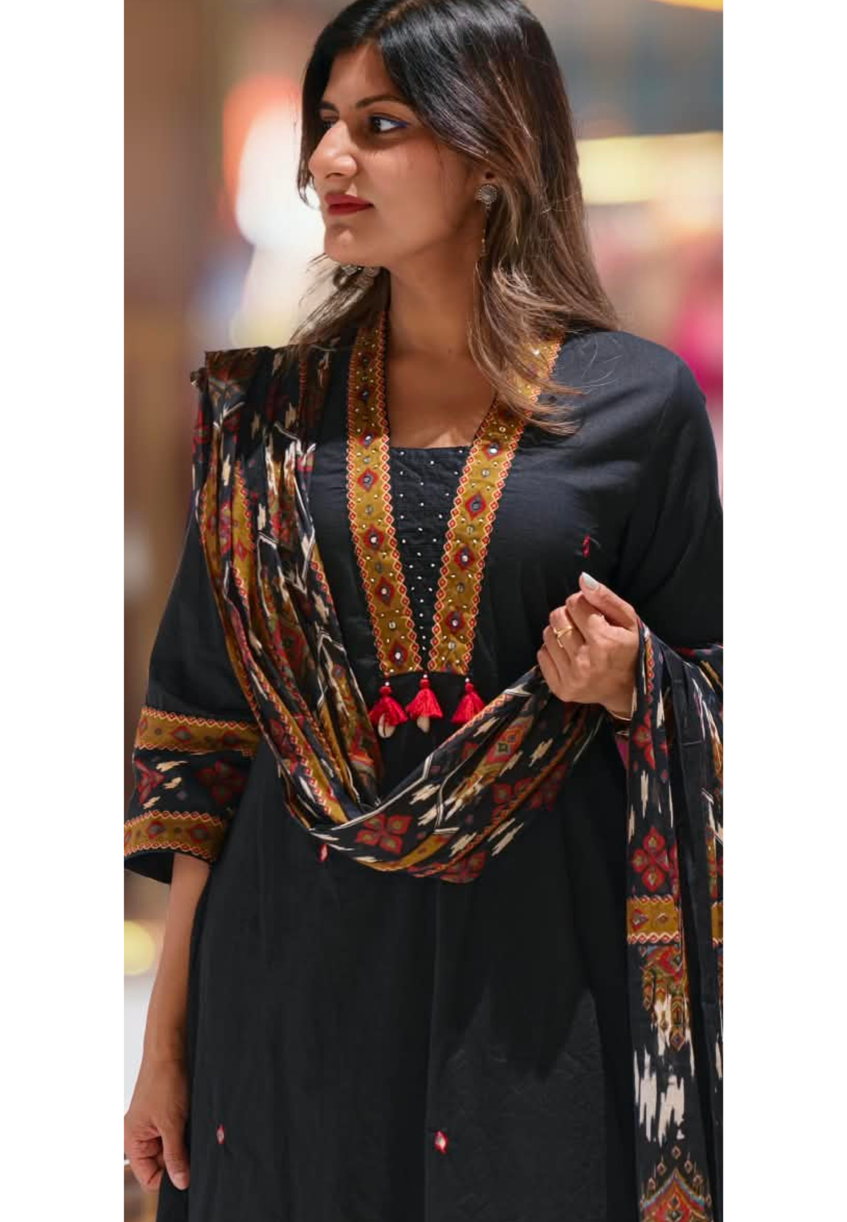 Classic Printed V-Neck Tassel Accent A-Line Cotoon Full Suit Set With Dupatta & Printed Bottom- 16250 6250