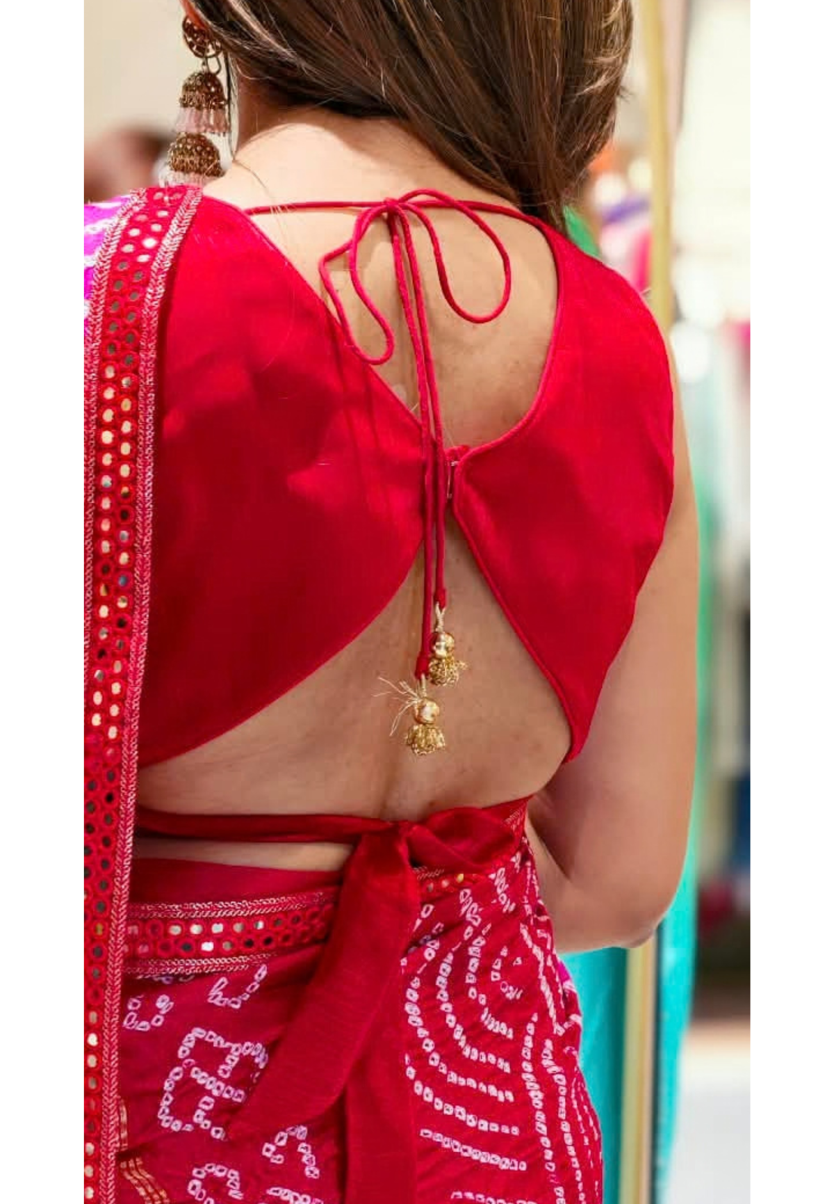 Hot Red Back Bow Style Pure Organza Stitched Blouse With Bandhej Printed Saree With Pearl Accented Tassel Bordered- 15083