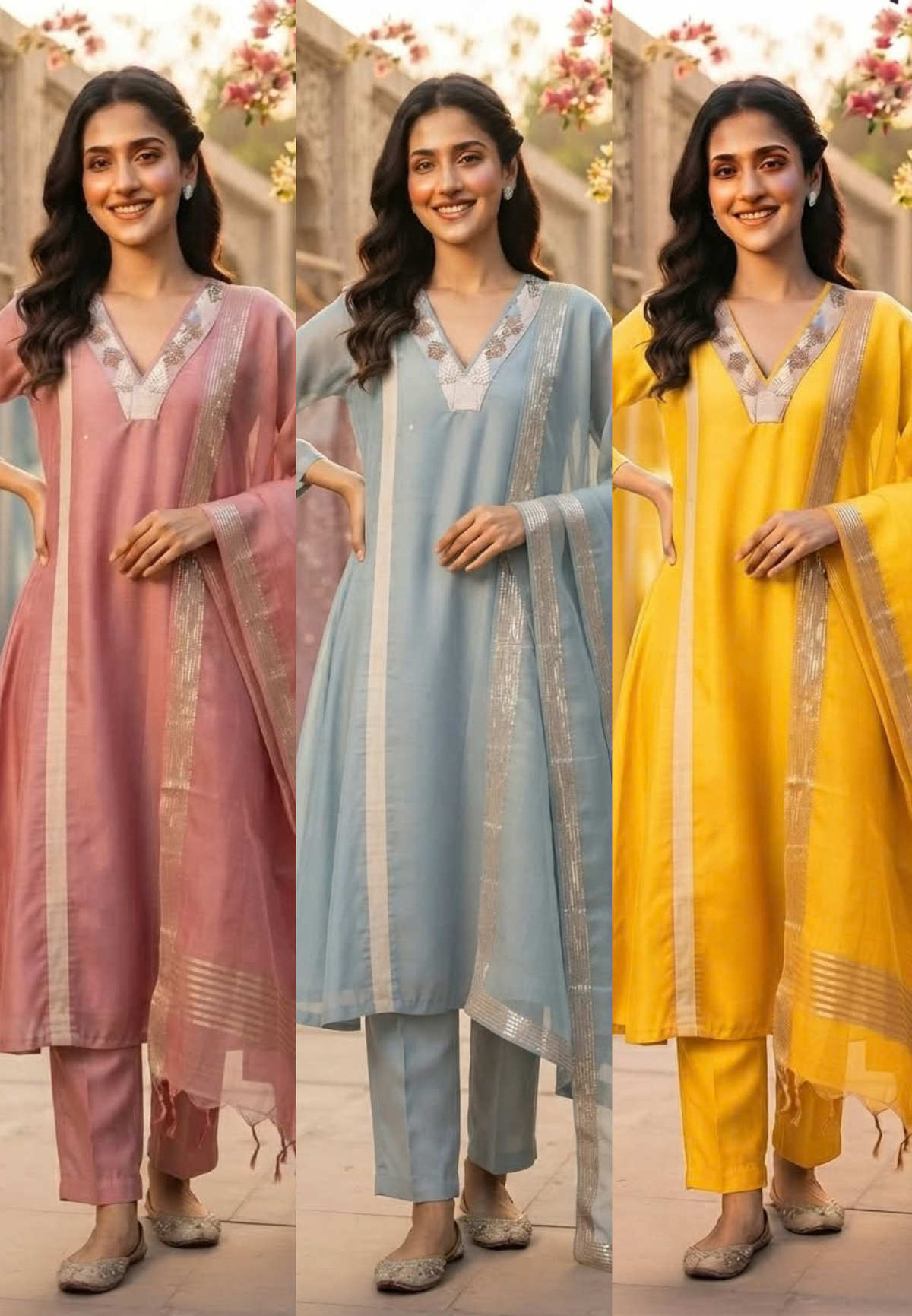 Sequin & Cut-Dana V-Neck Stroped A-Line Surat Mul-Chanderi Full Suit Set With Dupatta- 16039