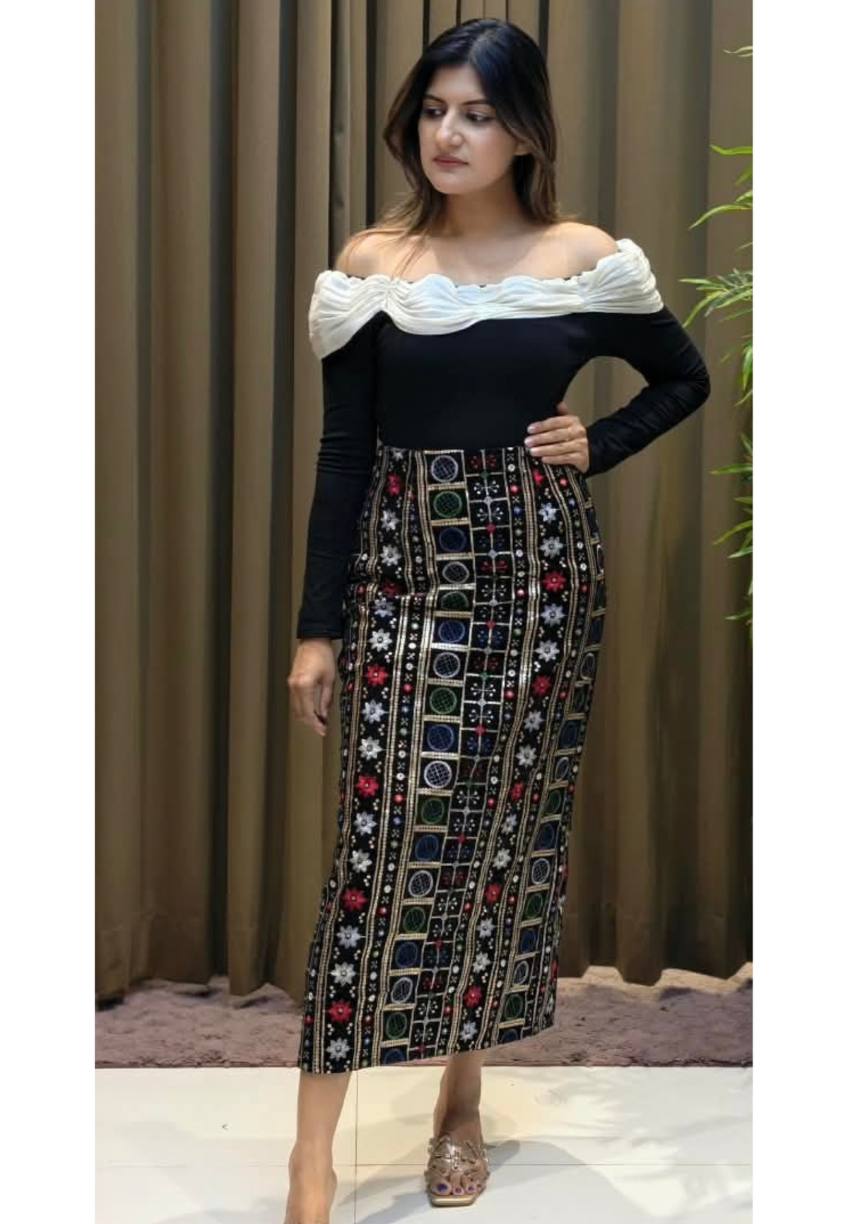 Off-The-Shoulder Ruched White Overlay Fitted Long Sleeve Top- 16146