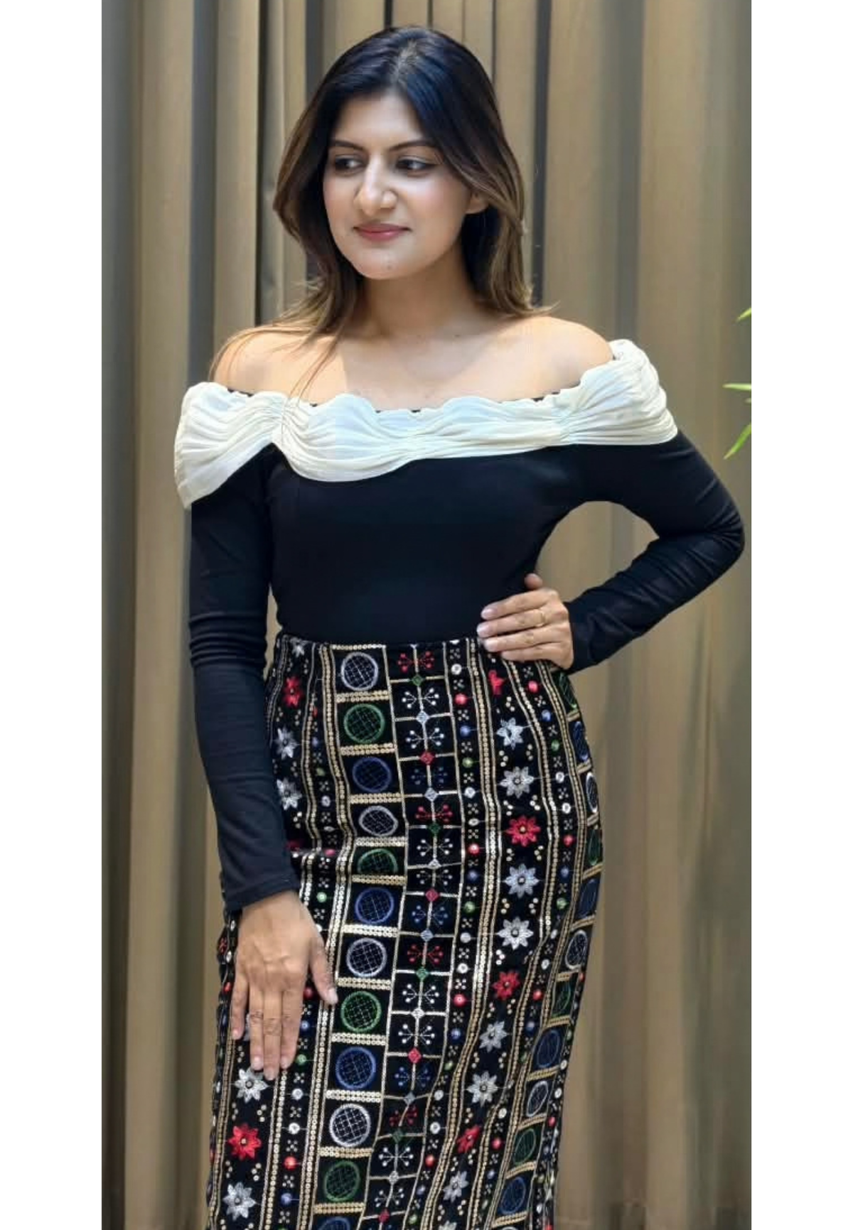 Off-The-Shoulder Ruched White Overlay Fitted Long Sleeve Top- 16146
