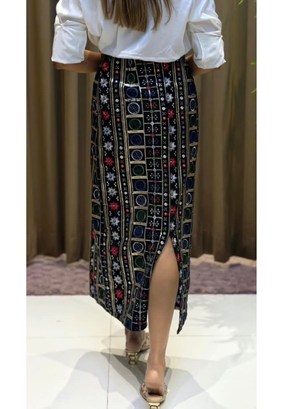 Fusion Embroidered Mirror Work Straight Maxi Skirt with Back Slit- 16208