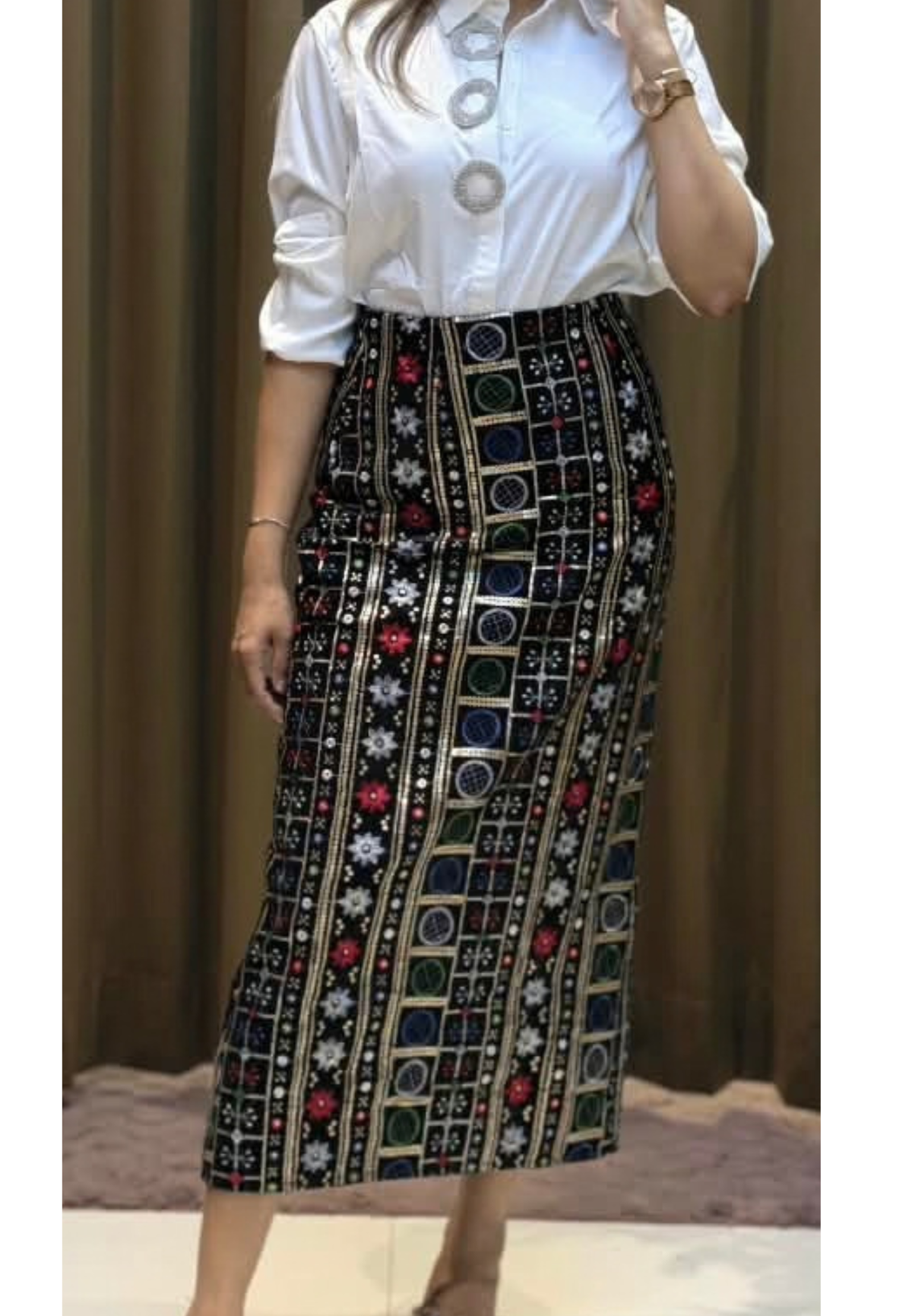 Fusion Embroidered Mirror Work Straight Maxi Skirt with Back Slit- 16208