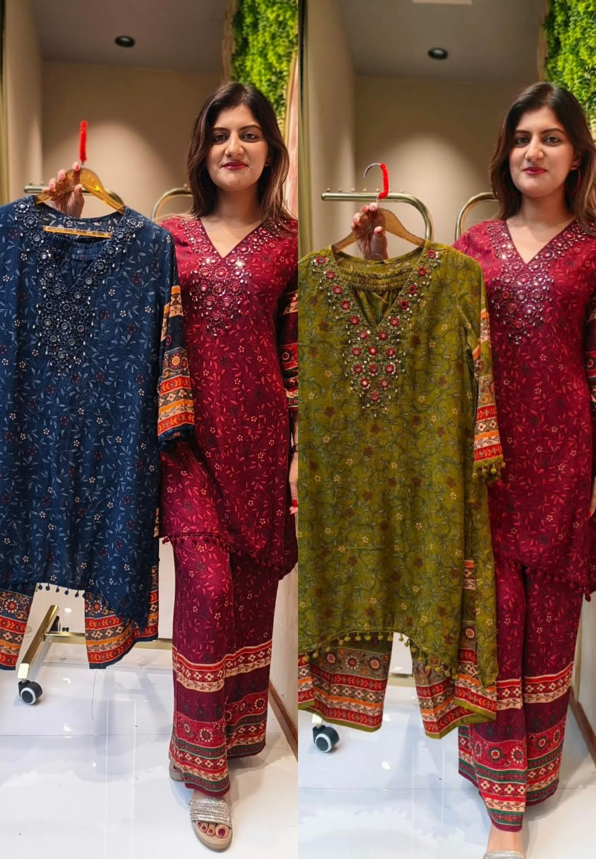 Bohmeian Real Mirror Touch Neckline Tiny Floral Printed Slub Cotton Kurta Pant Set- 16389