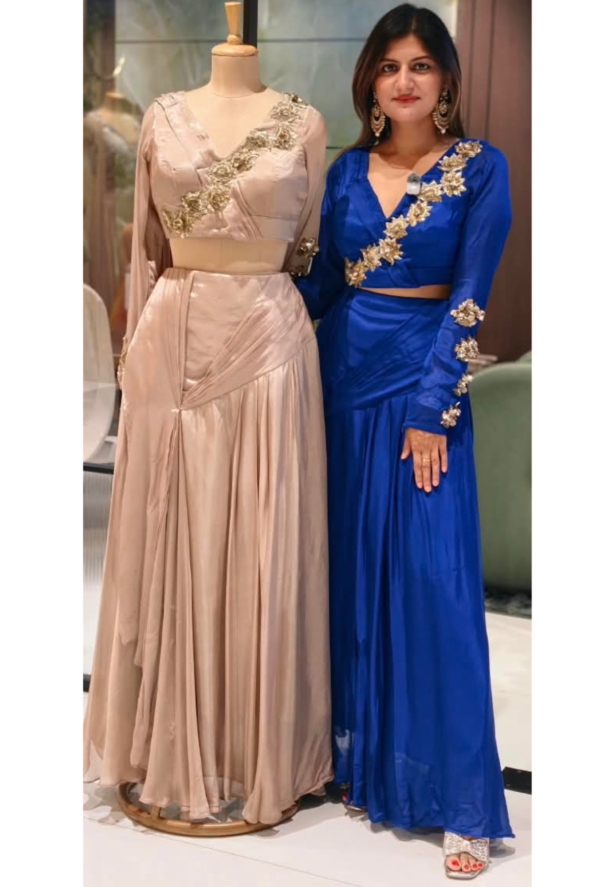 Stylish Golden Floral Popped Pleated Crop-Top With Flared Bottom Indo Wear- 15098