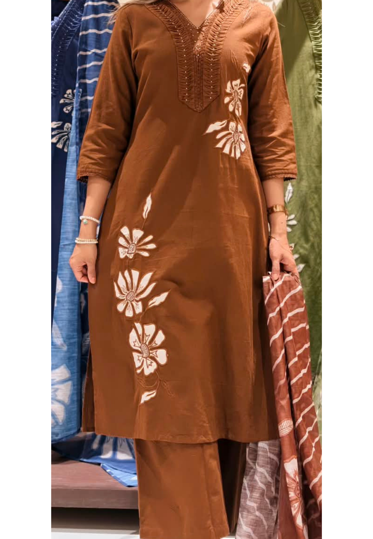 Pin Tuck Pleated Floral Patched Embroidery Straight Cotton Full Suit Set With Kota Doria Dupatta- 16266
