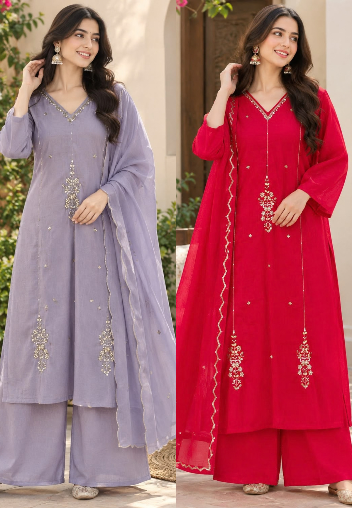 Elegant Beaded Subtle Embroidery Work Surat Mul-Chanderi Straight Full Suit Set With Dupatta- 16370