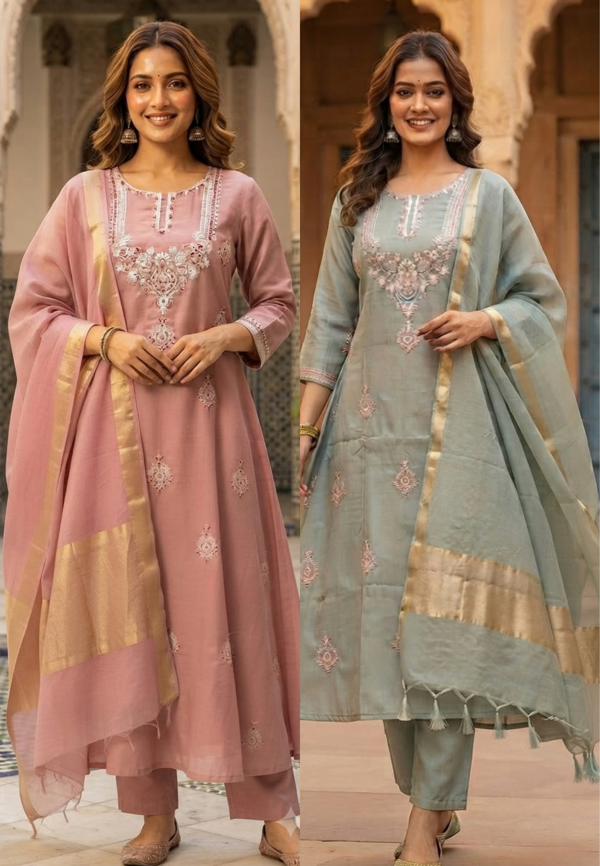 Pure Zarina Work Pastel Hue Surat Mul-Chanderi A-line Full Suit Set With Dupatta- 16408