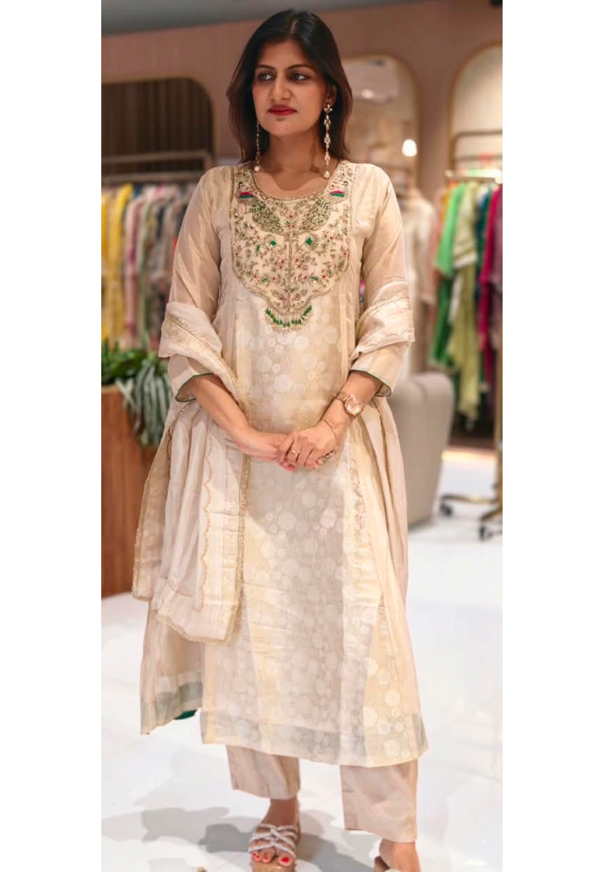 Traditional Brocade and Tissue Silk Anarkali Suit featuring Peacock Zardozi Work and Emerald Bead Accents- 16585