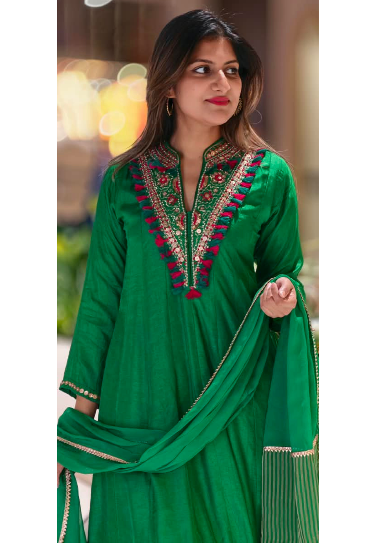 Emerald Green Silk Embroidered Rayon Kurta with Intricate Multicolor Mirror & Thread Work Tassel Detailing Matching Dupatta and Bottom- 16580