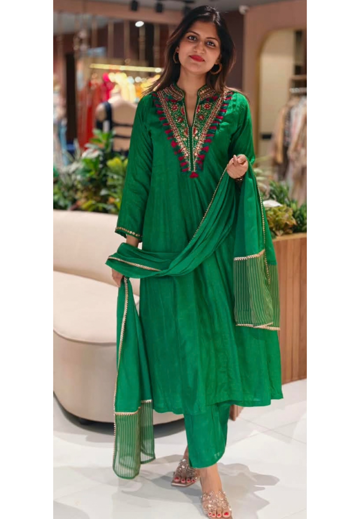 Emerald Green Silk Embroidered Rayon Kurta with Intricate Multicolor Mirror & Thread Work Tassel Detailing Matching Dupatta and Bottom- 16580