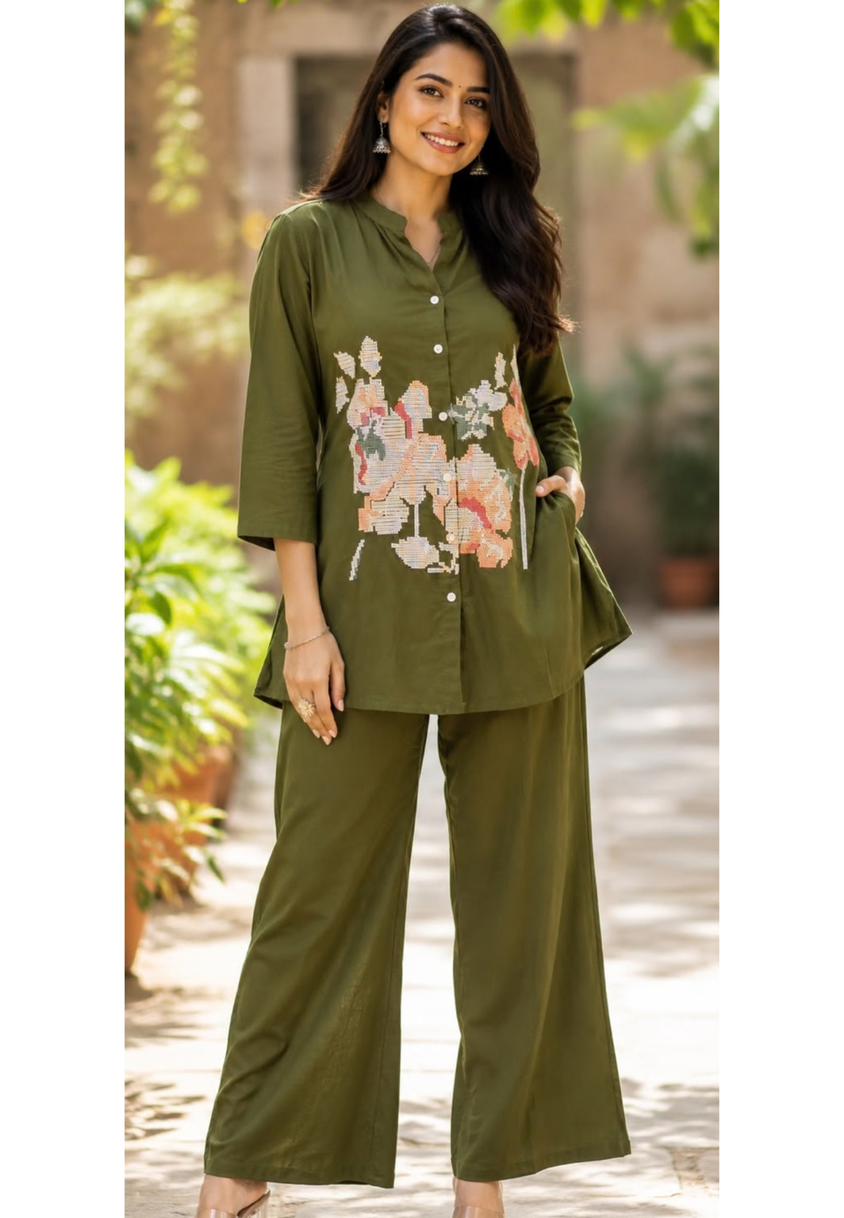 Cross Stitch Thread Embroidery Casual Wear Cotton Co-Ord Set- 15706