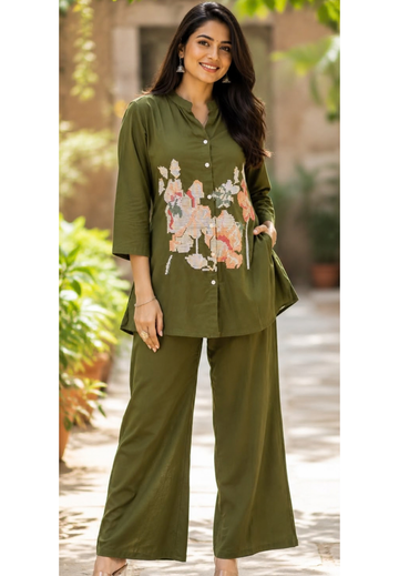 Cross Stitch Thread Embroidery Casual Wear Cotton Co-Ord Set- 15706