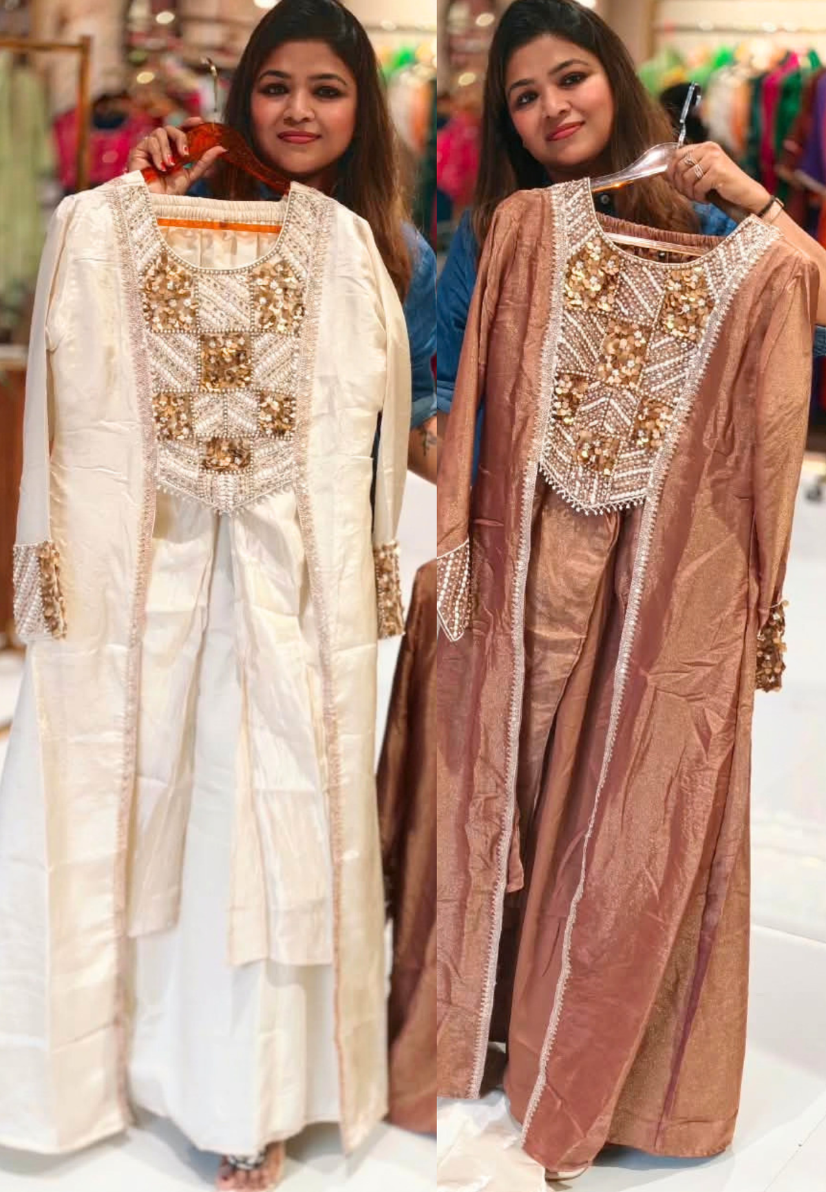 Embroidered Yoke Stylish Sleeves Tissue Fabric Indo-Western Top With Loose Bottom- 16726