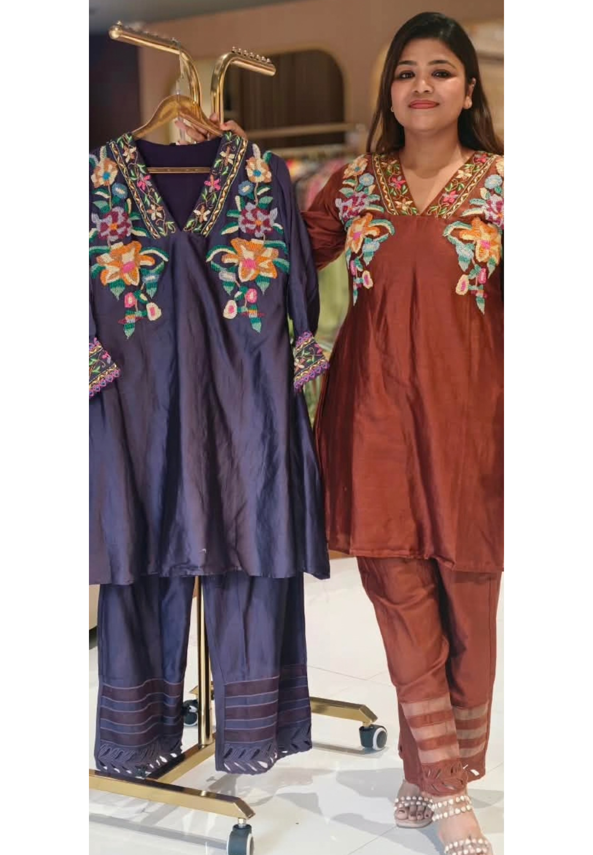 Heavy Pearl HD Embroidered A-line Short Kurti With Stylish Cut Work Bottom Co-Ord Set- 16727