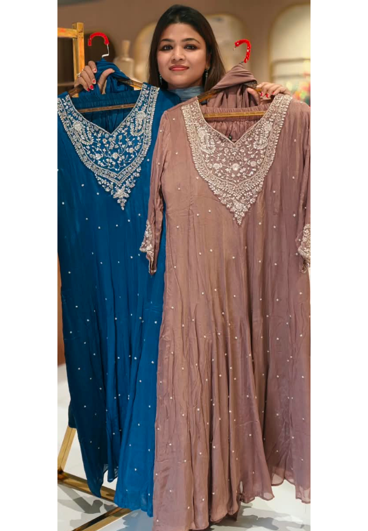 Pure Chinon Fine Embroidery Scattered Motifs Panel Anarkali Full Suit Set With Dupatta- 16568