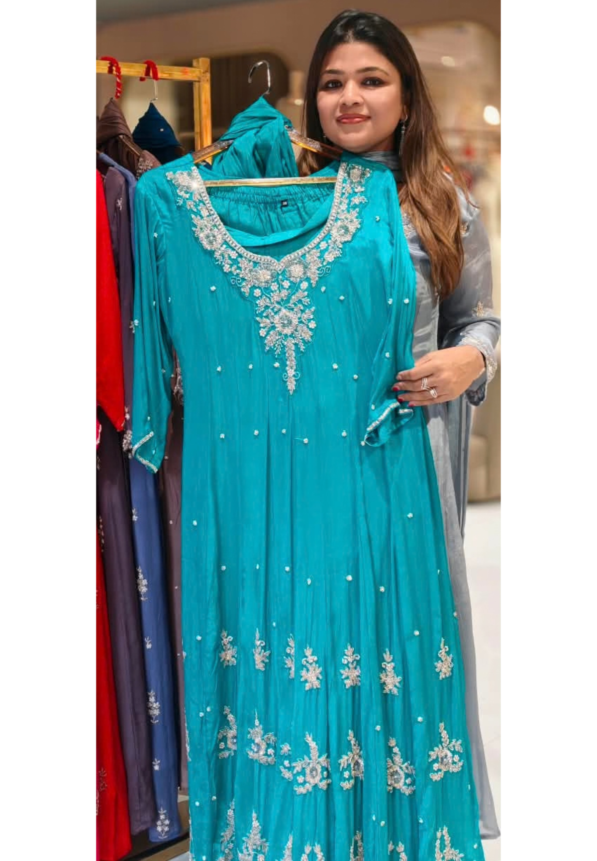 Premium Chinon Anarkali Suit Set with Dupatta & Embellished Neckline In Turquoise Shade-13848