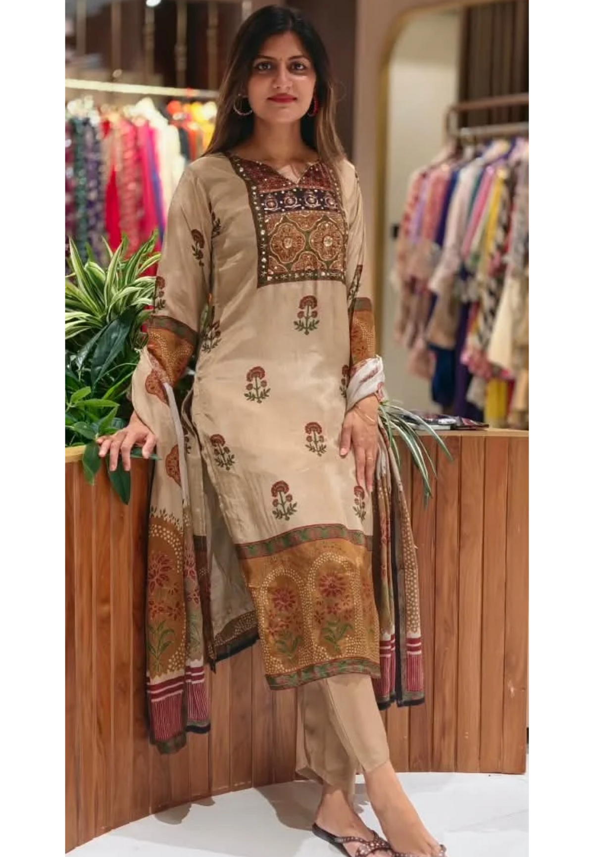 Ajrakh Print Flowy Comfort Fit Full Suit Set With Dupatta In Crepe Fabric- 16745