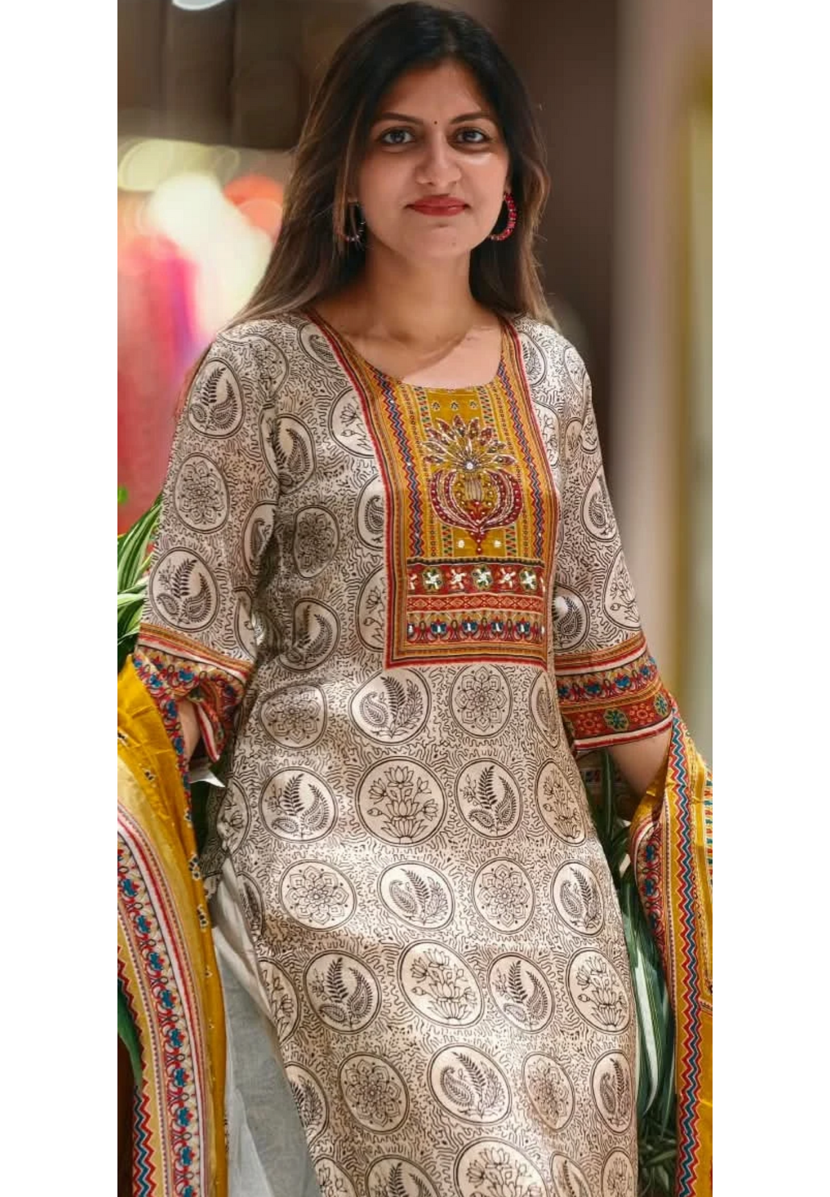 Beige Printed Art Embellished Yoke Crepe Full Suit Set With Dupatta- 16737