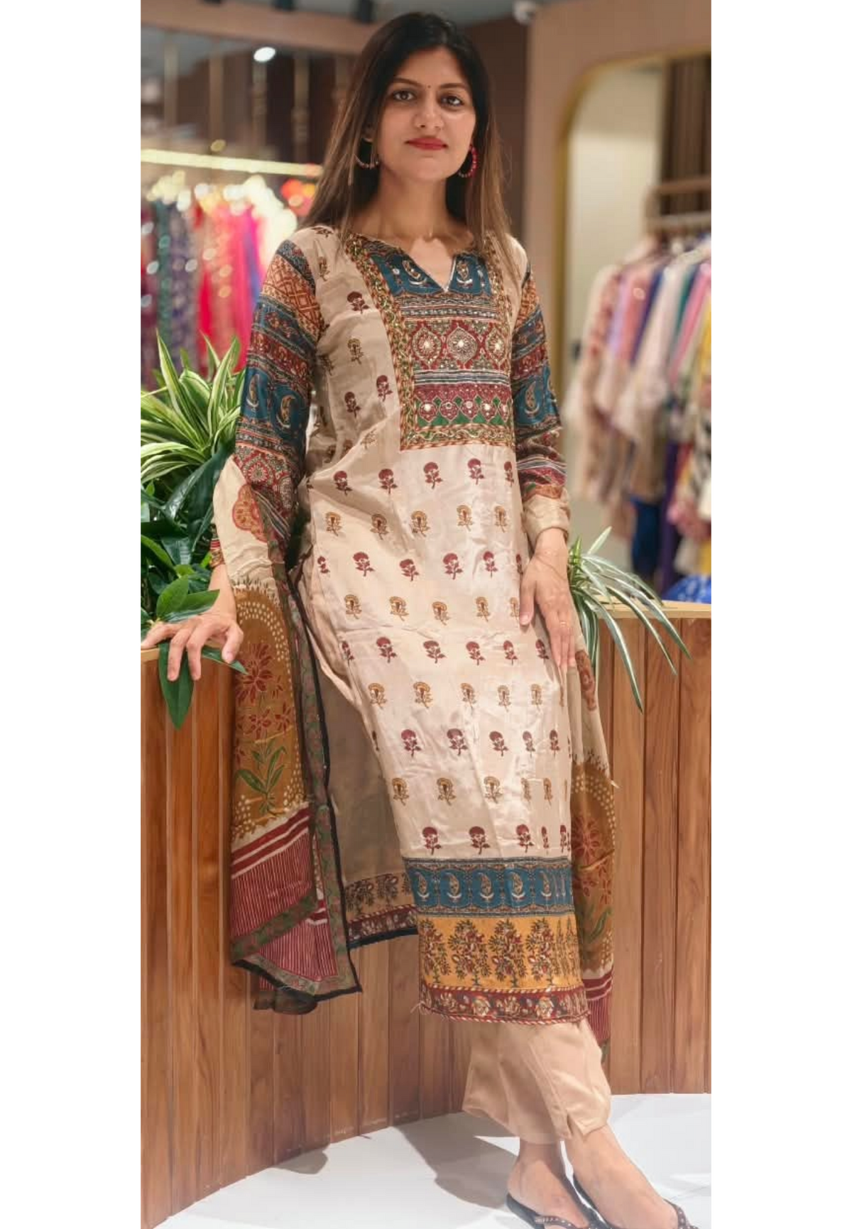 Premium Printed Crepe Ethnic Border & Embellished Neckline Full Suit Set-16780