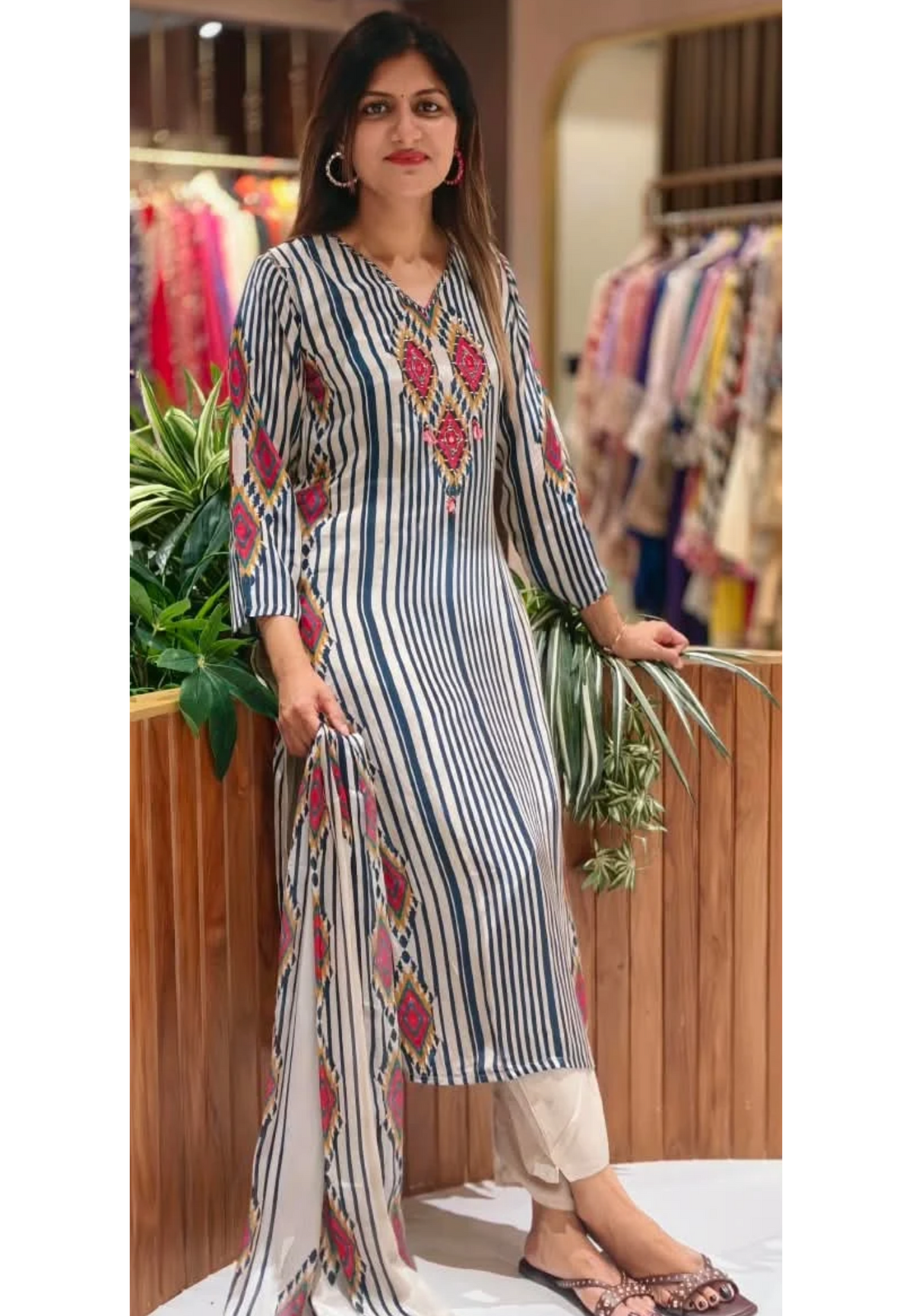 Bohemian Look Blue/White Striped Print Crepe Full Suit Set With Dupatta- 16723
