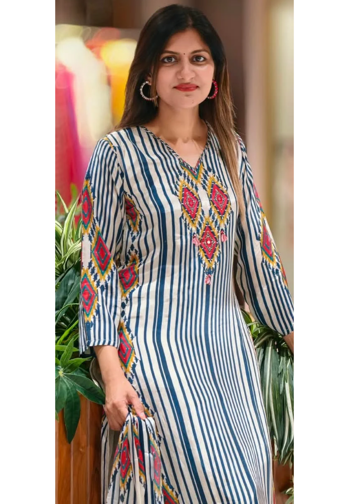 Bohemian Look Blue/White Striped Print Crepe Full Suit Set With Dupatta- 16723